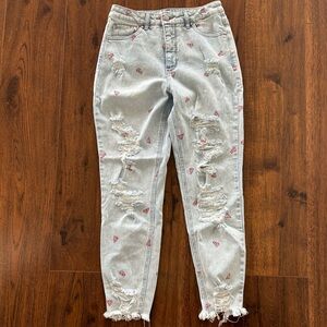 Tinseltown Distressed Straight Jeans with Pizza Embroidered Detailing